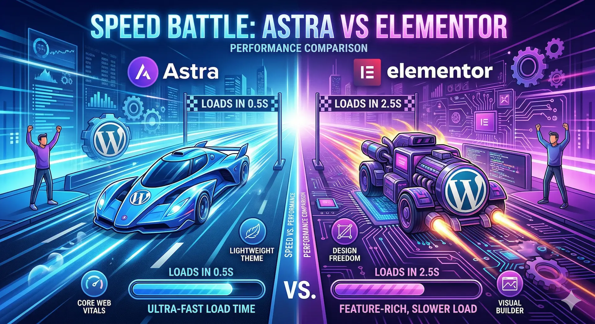 Astra vs Elementor snelheid vergelijking raket auto