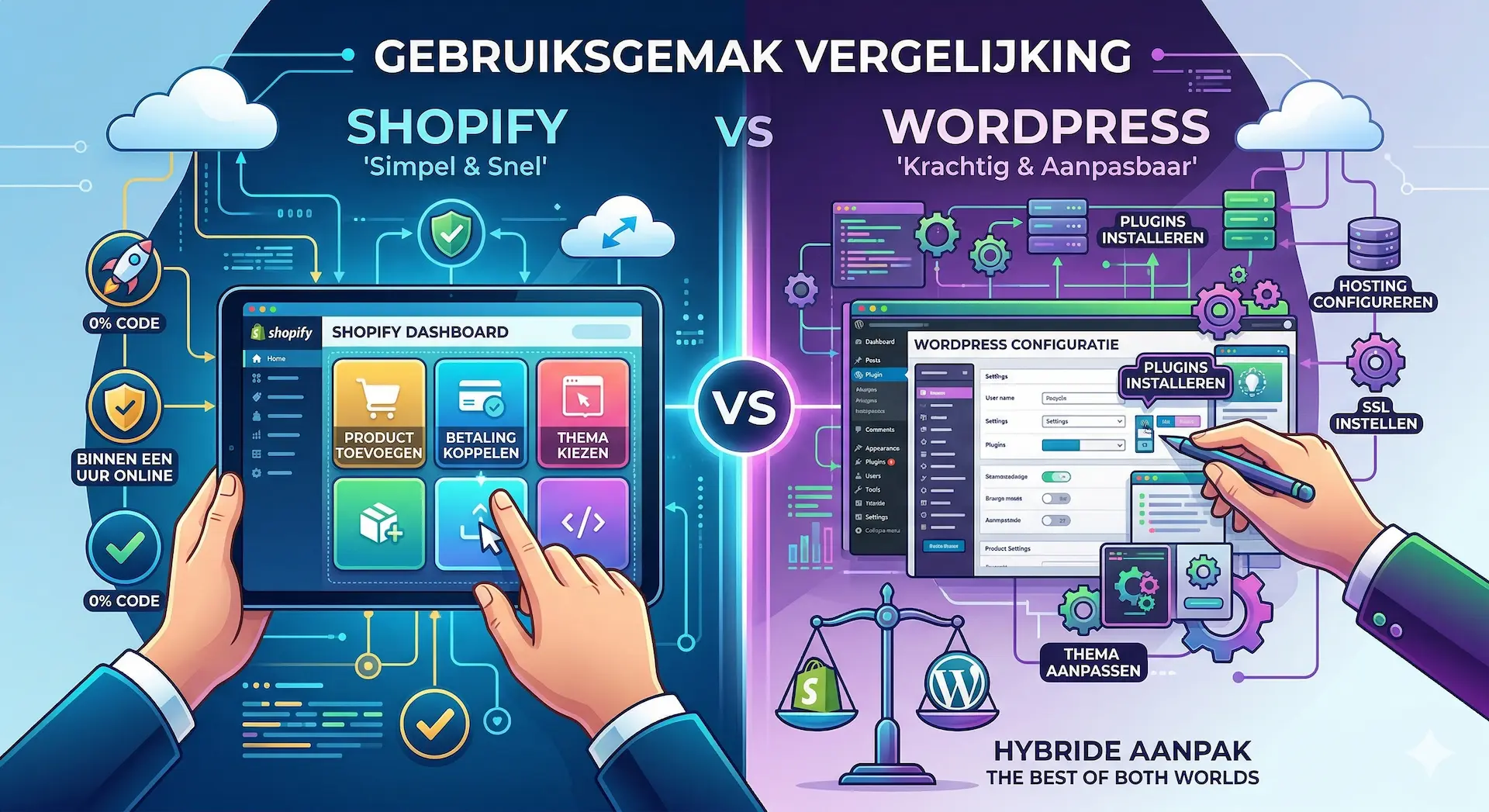 Gebruiksgemak vergelijking tussen Shopify drag-and-drop dashboard en WordPress technische instellingen